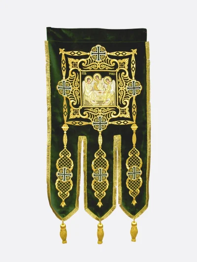 Bannières liturgiques « Trinitaire » — velours vert, fil doré (paire)