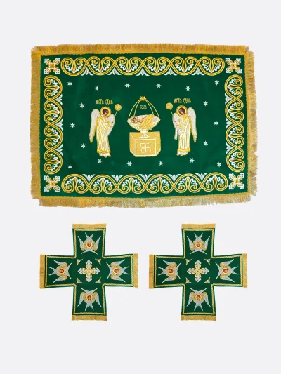 Voiles de calice « Jérusalem » — Enfant dans le Calice — velours vert, fil doré et argenté